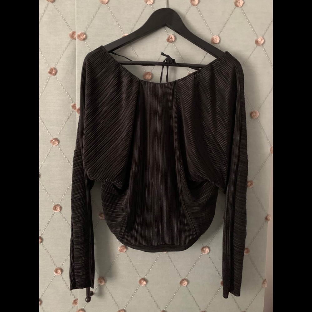 Black Zara Pleated Blouse With Open Tie Back